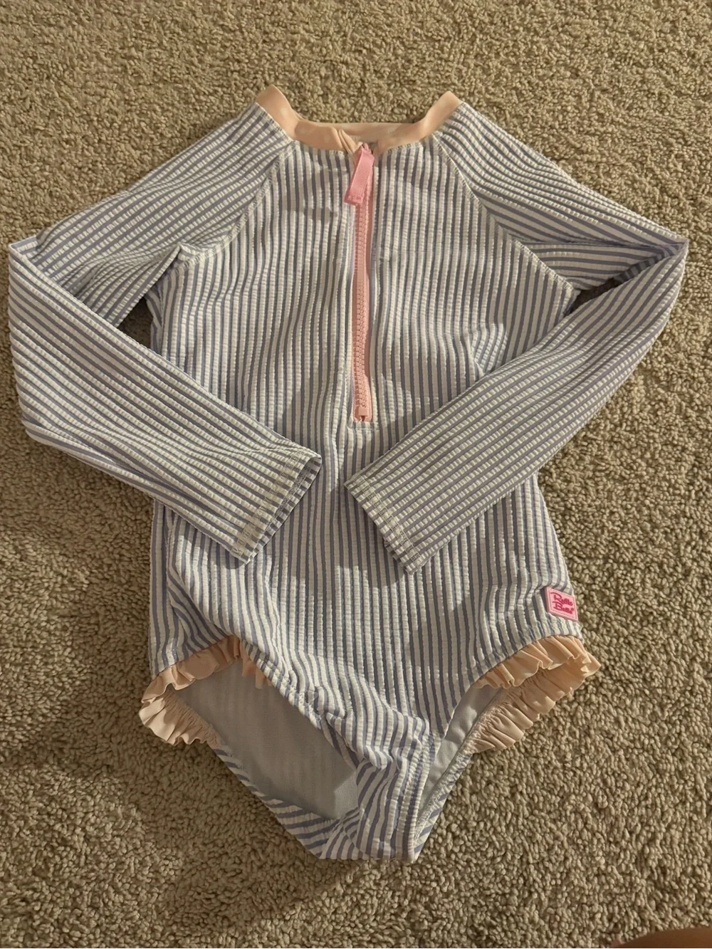 Ruffle Butts Blue & White Striped Long-Sleeve Rashguard with Pink Trim
